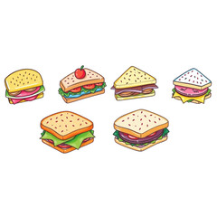 Colorful cartoon sandwiches in various styles and shapes  isolated, without a background