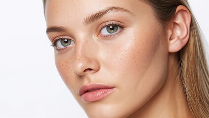 Obraz premium Close up of a freckled woman face with calm fresh expression on plain white background