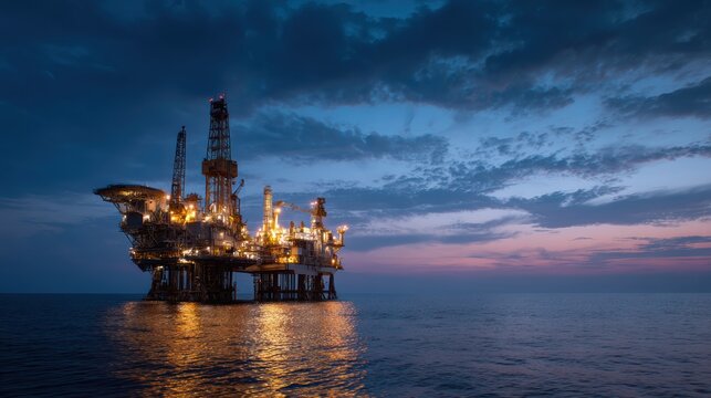 A brightly lit oil rig stands in the ocean at dusk, reflecting the colorful sky, symbolizing energy and industrial activity.