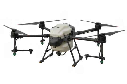 Agricultural spraying drone hovering with transparent background