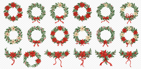A festive collection of watercolor Christmas wreaths and garlands decorated with red and cream poinsettias and bows on a transparent background. © studio