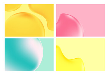 Liquid pink, yellow, blue 3D inflated blobs shape, gradient background with copy space. Fluid iridescent fluid water texture, close up cosmetic gel, serum texture. Elegant beauty presentation.