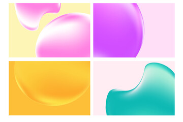 Liquid pink, yellow, blue 3D inflated blobs shape, gradient background with copy space. Fluid iridescent fluid water texture, close up cosmetic gel, serum texture. Elegant beauty presentation.