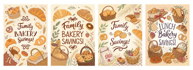 Charming illustration of various baked goods promoting family bakery savings, featuring warm colors.