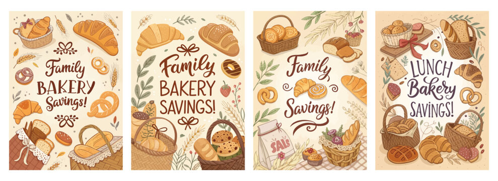 Charming illustration of various baked goods promoting family bakery savings, featuring warm colors.