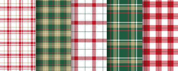 Christmas seamless pattern. Plaid background. Check tartan texture. Set gingham fabric. Flannel print. Red green tablecloth. Checkered cloth. Scrapbook design. Vichy shirt textile. Vector illustration