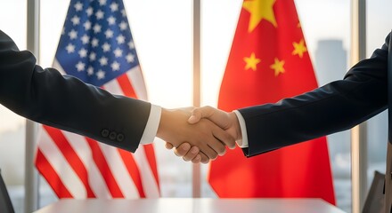 Businessmen shaking hands with the flags of the USA and China in the background, symbolizing a strong business partnership, diplomacy, and global cooperation.
