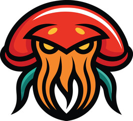 Stylized red and orange octopus mascot with yellow eyes
