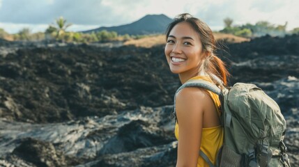 Naklejka premium Woman's radiant smile illuminates volcanic landscape during island adventure