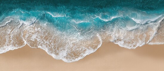 Obraz premium A serene aerial view of turquoise ocean waves gently lapping against a sandy beach, highlighting nature's beauty and tranquility.