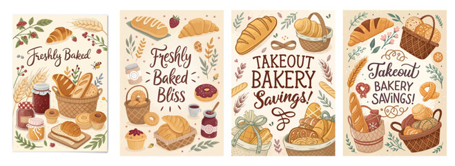 Charming illustrated bakery collection featuring fresh bread, pastries, and promotional signs.
