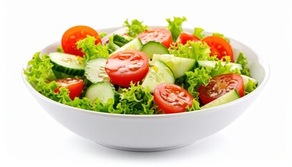 A vibrant and healthy vegetable salad featuring crisp lettuce, juicy cherry tomatoes, and fresh cucumbers in a white bowl.