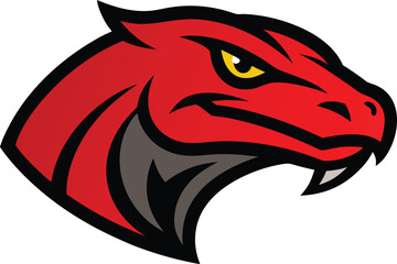 Fierce red dragon head mascot with yellow eyes
