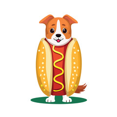 A cartoon illustration of a dog dressed as a hotdog, with mustard and bun.