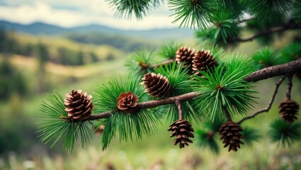 Fototapeta premium Pine branch with pinecones, green needles, and a blurred background of nature and hills.