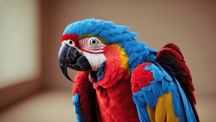 Fototapeta premium Colorful parrot with red, blue, yellow, and black feathers, sharp beak, and white eye close-up.