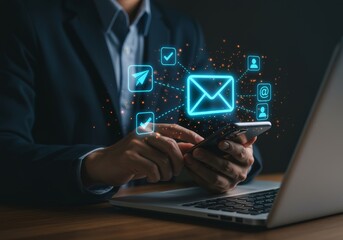 Businessman Using Smartphone and Laptop in Modern Workplace