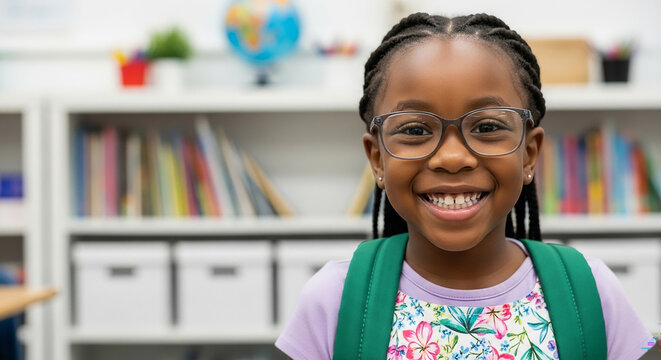Smiling african american elementary school girl with backpack in classroom with books and globe - Powered by Adobe