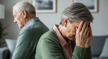 Upset senior couple sitting back to back, experiencing relationship problems and feeling sad about divorce