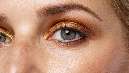 Close up of a senior woman eye with gold shimmer eyeshadow on plain white background