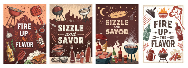 Colorful vintage-style barbecue themed illustrations showcasing grilling tools and delicious food.