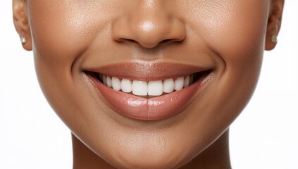 Obraz premium Close up of a smiling woman with radiant skin and glossy lips on plain white background