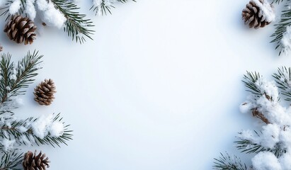 Minimalist top-view winter template with snow-covered pine branches and cones framing empty central space, ideal for festive design projects