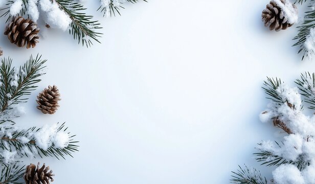 Minimalist top-view winter template with snow-covered pine branches and cones framing empty central space, ideal for festive design projects