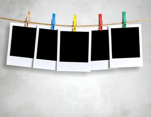 Blank instant photo prints hanging on a clothesline