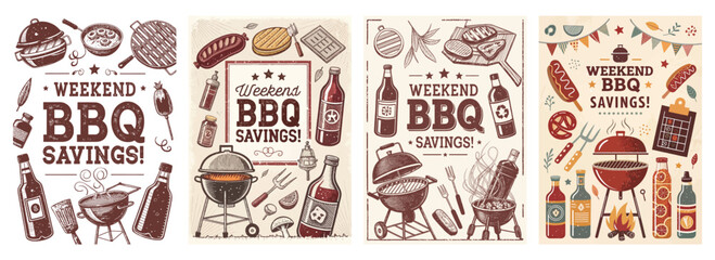 Colorful BBQ-themed illustrations featuring grills, drinks, and food, perfect for summer promotions.