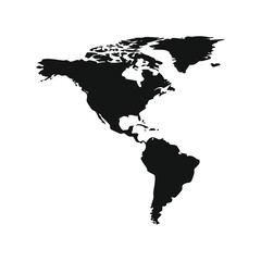 Black and white illustration of the continents of North and South America on a white background.