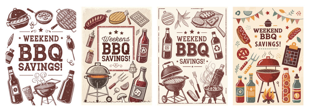 Colorful BBQ-themed illustrations featuring grills, drinks, and food, perfect for summer promotions.