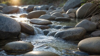 Obraz premium Stream with smooth rocks and flowing water in a natural outdoor setting.