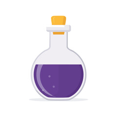 A round glass bottle filled with a vibrant purple potion, isolated on white.