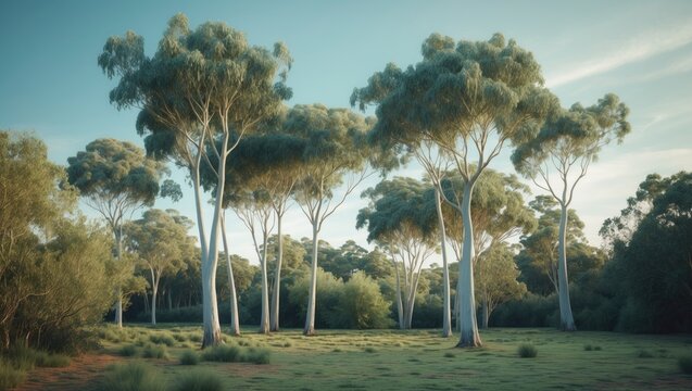 A forest scene with tall eucalyptus trees and lush greenery under a clear sky.