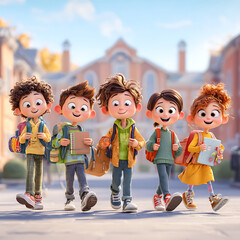 Back to School: Cheerful Diverse Kids Walking with Backpacks and Books, Vector Illustration