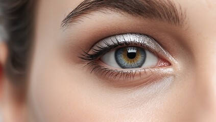 Fototapeta premium Close up of a woman eye with silver shimmer on inner corner on plain white background
