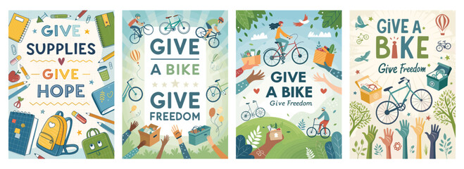 Colorful illustrations promoting the themes of hope and freedom through bike donations and school supplies.