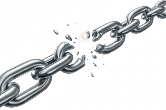 Metal chain shattering, generating bright sparks against transparent backdrop, symbolizing liberation from constraints