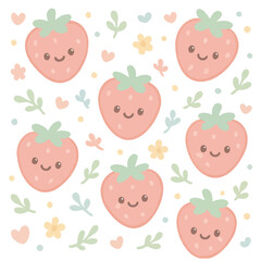 Cute Handdrawn Strawberry Seamless Pattern with Flowers and Hearts Background
