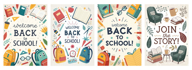 Colorful back-to-school illustrations featuring books, supplies, and inviting quotes.