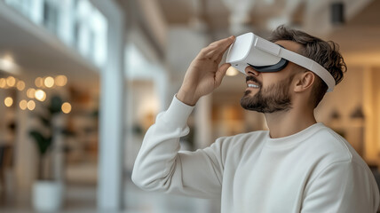 Young man enjoying virtual reality experience with headset indoors