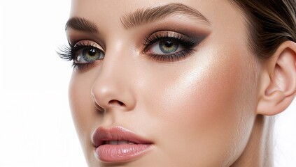 Close up of a woman with bold eye makeup and highlighted cheekbones on plain white background