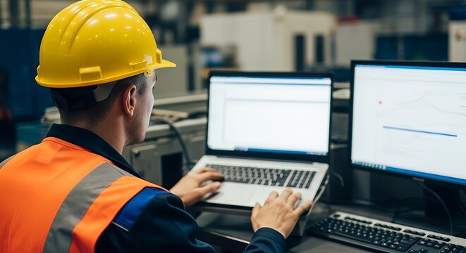 Industrial Technician Monitoring System Performance on Laptop and Desktop