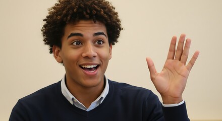 Surprised young man with curly hair and wide eyes raising his hand in greeting.