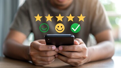 Person giving a five star rating and positive feedback on a smartphone app