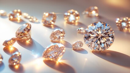 Diamonds of different sizes and cuts arranged on a reflective surface with light reflections and shadows. Jewelry and gemstone display. Luxury and elegance. The concept of sparkling and precious st...