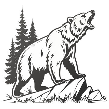 Stylized illustration of a roaring grizzly bear standing on rocks with pine trees