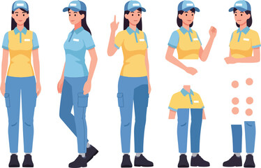 Cartoon woman in uniform with cap in various poses and separate parts.