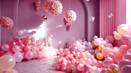Colorful balloon decoration in a stylish interior setting for a festive celebration in soft pastel hues